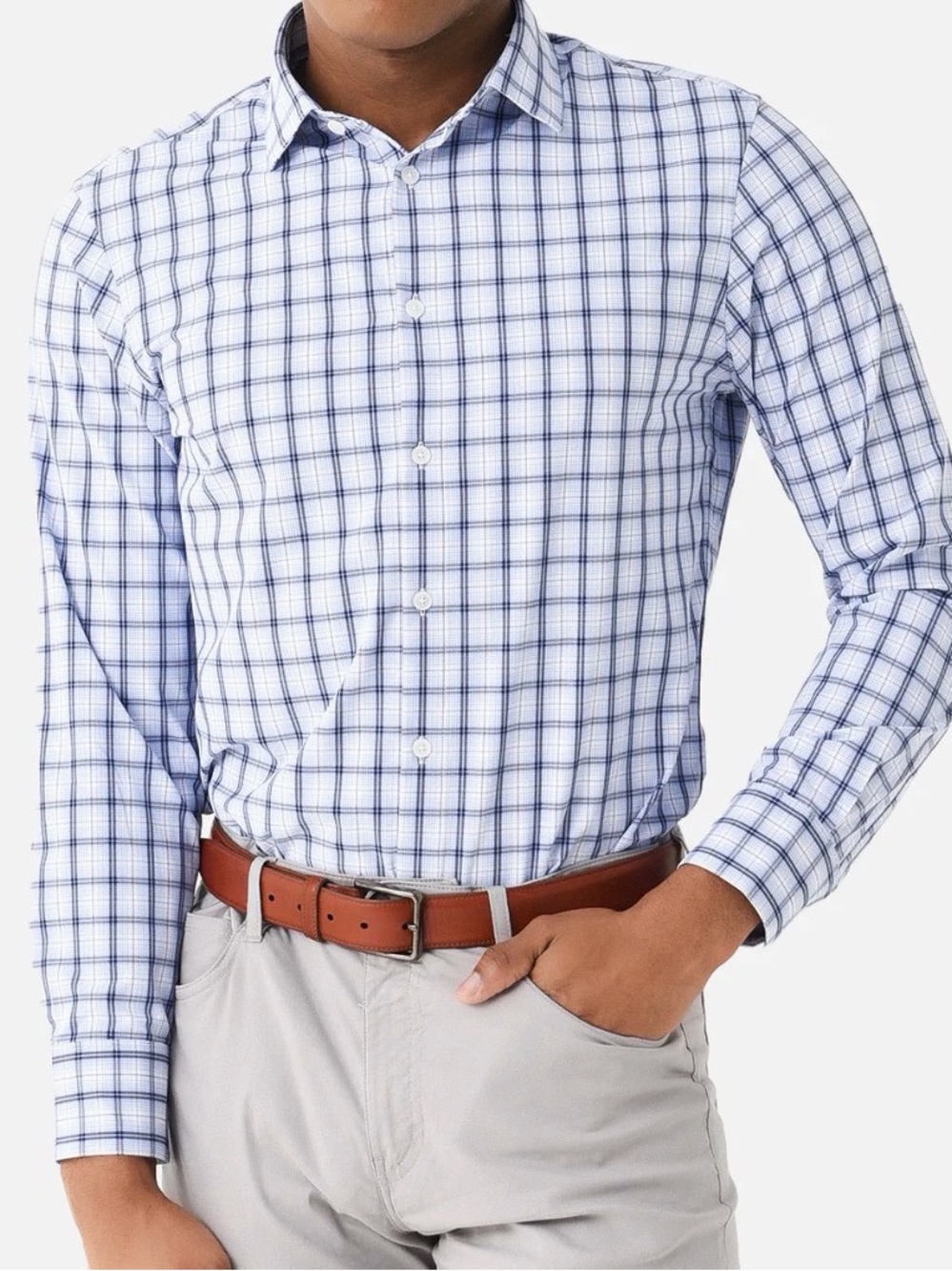 Mizzen+Main White and Blue Plaid Performance Button-Down Shirt (XL)